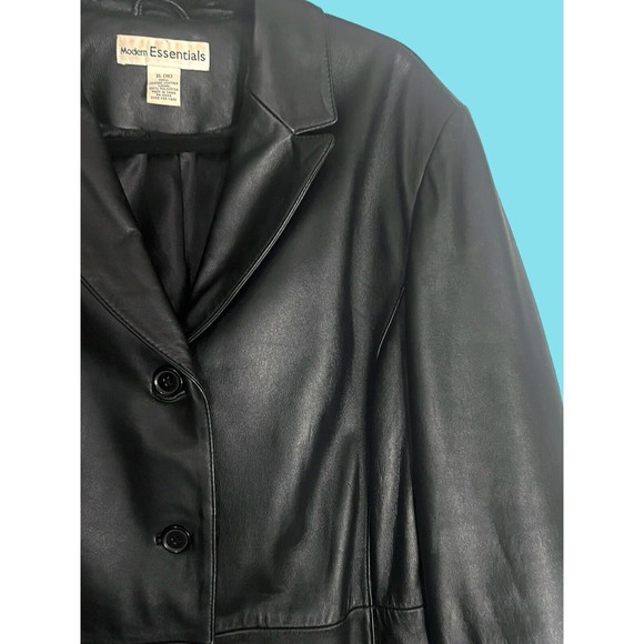 Modern Essentials Women’s Trench Coat Black Leather Jacket Pockets Collared XL - Picture 3 of 8